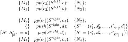                         left
        {M1 }   pp(c3)(S lef,tc);   {N1};
        {M3 }   pp(c2)(S   ,b);   {N3};

        {M2 }  pp(c1)(Sright,a1);  {N2};
           {}   push(Sright,d);   {Sr = (sr1,sr2,...,srr ,d)}
{Sr,Sr   = d}    pop(Sright,d);    {Sr = (sr,sr,...,s|Sr |  )}
     |Sr|               right             1  2      |Sr|-1
        {M4 }  pp(c1)(S    ,a2);  {N4};
  