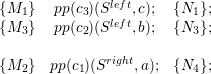 {M1 }  pp (c3)(Sleft,c);  {N1};
{M3 }  pp (c2)(Sleft,b);  {N3};

               right
{M2 }  pp(c1)(S    ,a);  {N4};
