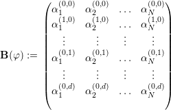         (   (0,0)   (0,0)       (0,0))
          α 1    α2     ... αN
        || α (11,0)  α(21,0)  ... α(N1,0)||
        ||   ..      ..     ..    ..  ||
        ||   .      .     .    .  ||
B (φ) := | α (01,1) α(20,1)  ... α(N0,1)|
        ||   ..      ..     ..    ..  ||
        ||   .      .     .    .  ||
        ( α (01,d)  α(20,d)  ... α(N0,d)) 