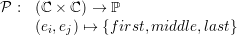 P :  (ℂ × ℂ) → ℙ
     (ei,ej) ↦→ {first,middle,last}
